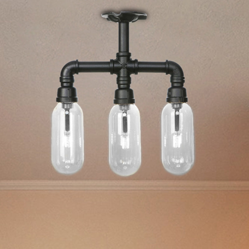 Capsule Semi Flush Light Vintage Style 3/4 Light Matte Black Clear Glass Lighting Fixture with Pipe Design Clearhalo 'Ceiling Lights' 'Close To Ceiling Lights' 'Close to ceiling' 'Semi-flushmount' Lighting' 207594