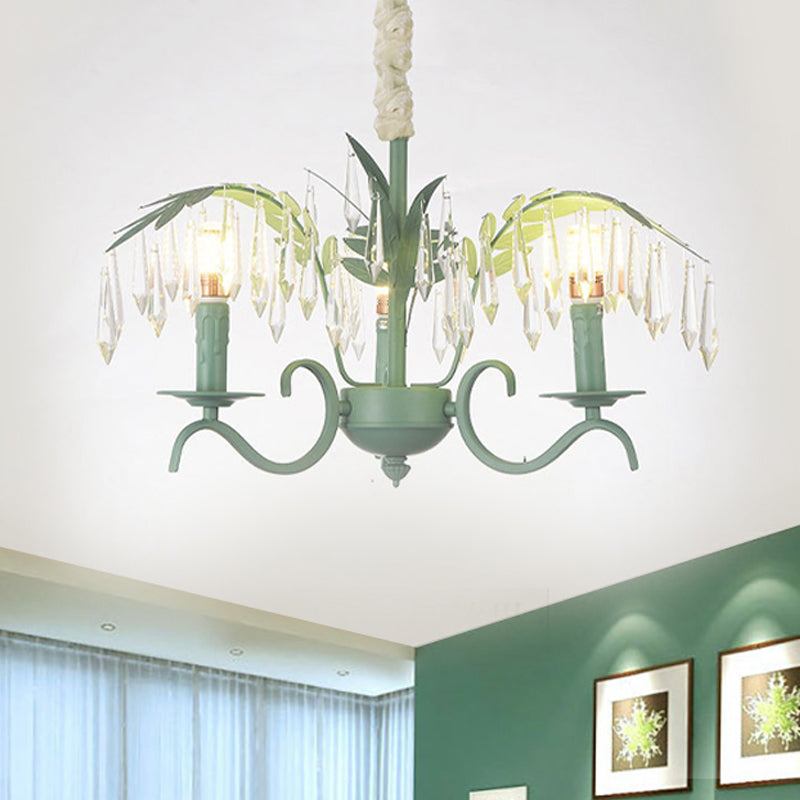 Metal Candle Hanging Light with Leaf & Crystal Restaurant 3 Lights Nordic Chandelier in Green Green Clearhalo 'Ceiling Lights' 'Chandeliers' Lighting' options 207662_0791e53c-43b3-47e7-b6e9-70c9c3d33770