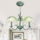 Metal Candle Hanging Light with Leaf & Crystal Restaurant 3 Lights Nordic Chandelier in Green Clearhalo 'Ceiling Lights' 'Chandeliers' Lighting' options 207663