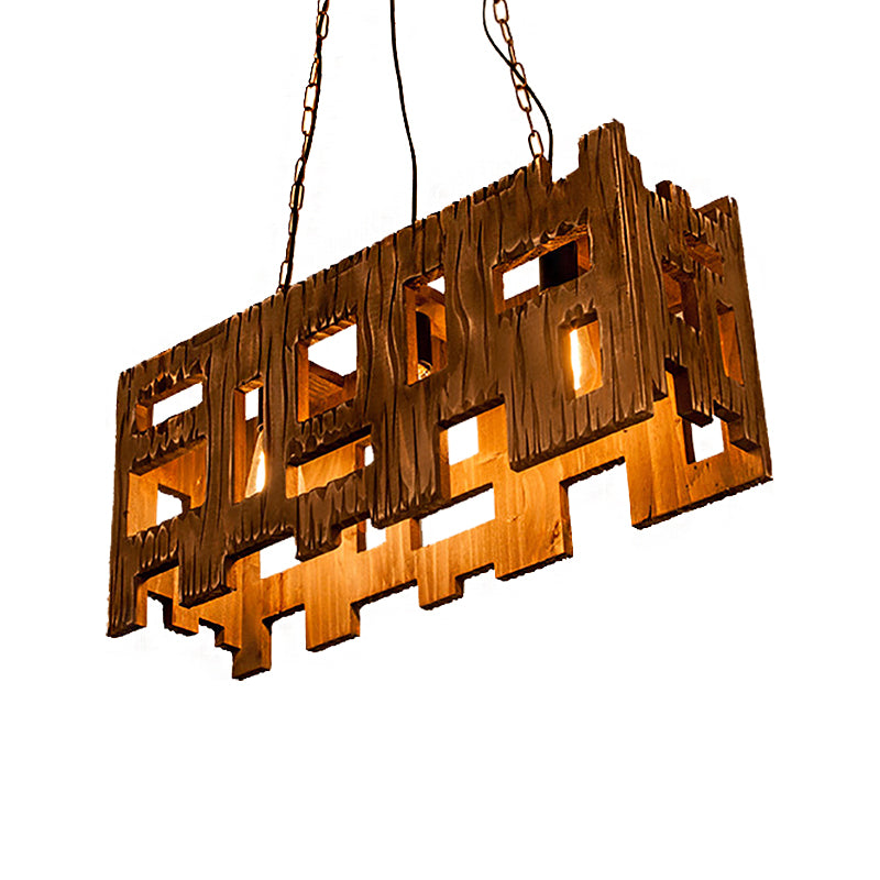 Brown Rectangle Pendant Fixture Antique Etched Wood 1/2/3-Light Dining Room Hanging Ceiling Light Clearhalo 'Ceiling Lights' 'Island Lights' Lighting' 207678
