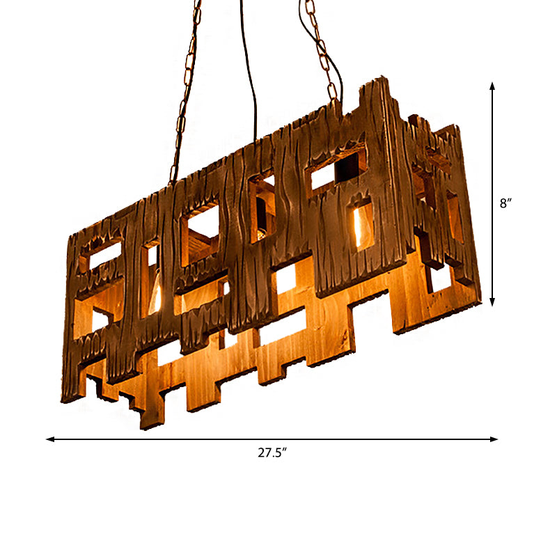 Brown Rectangle Pendant Fixture Antique Etched Wood 1/2/3-Light Dining Room Hanging Ceiling Light Clearhalo 'Ceiling Lights' 'Island Lights' Lighting' 207679