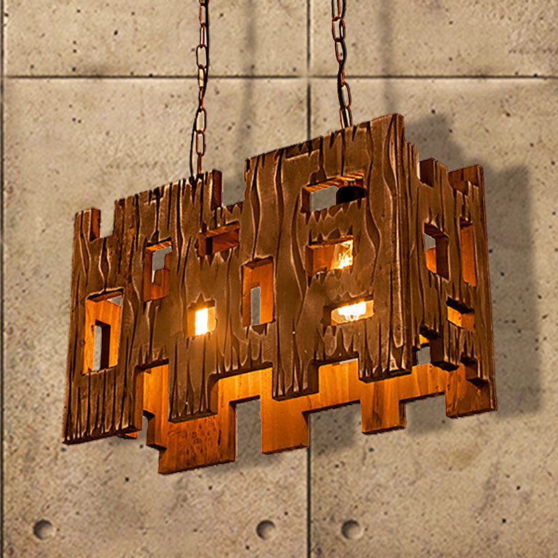 Brown Rectangle Pendant Fixture Antique Etched Wood 1/2/3-Light Dining Room Hanging Ceiling Light 2 Brown Clearhalo 'Ceiling Lights' 'Island Lights' Lighting' 207680
