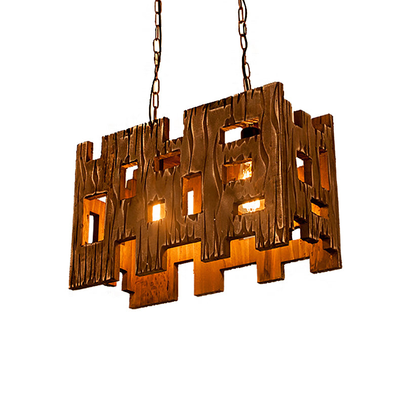 Brown Rectangle Pendant Fixture Antique Etched Wood 1/2/3-Light Dining Room Hanging Ceiling Light Clearhalo 'Ceiling Lights' 'Island Lights' Lighting' 207681