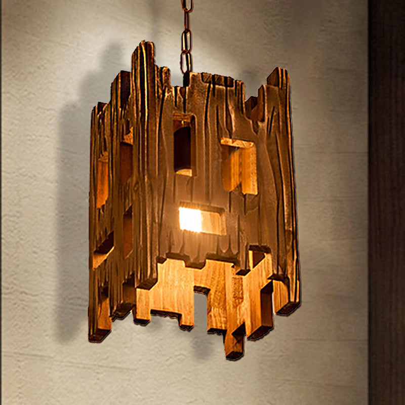 Brown Rectangle Pendant Fixture Antique Etched Wood 1/2/3-Light Dining Room Hanging Ceiling Light 1 Brown Clearhalo 'Ceiling Lights' 'Island Lights' Lighting' 207683