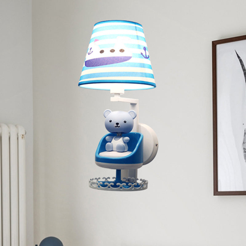 Nursing Room Toy Bear Wall Light with Ship Fabric 1 Head Kids Blue Sconce Light Blue Clearhalo 'Wall Lamps & Sconces' 'Wall Lights' Lighting' 207687