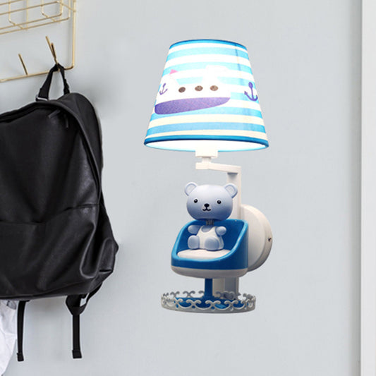 Nursing Room Toy Bear Wall Light with Ship Fabric 1 Head Kids Blue Sconce Light Clearhalo 'Wall Lamps & Sconces' 'Wall Lights' Lighting' 207688