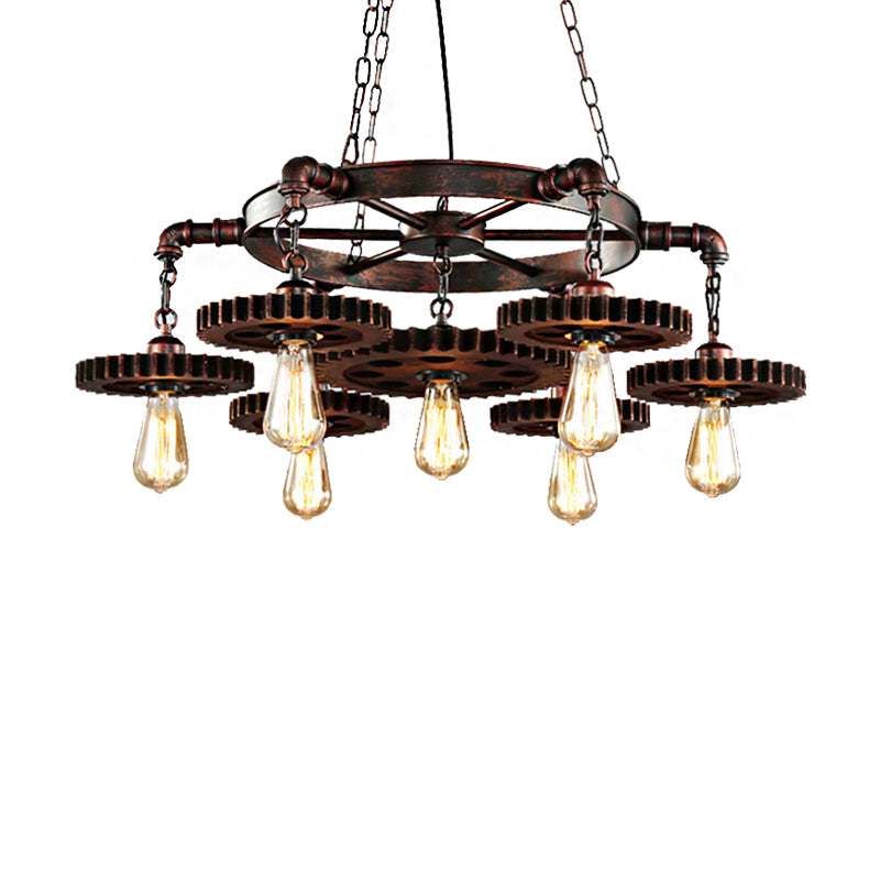 Antique Copper 7 Lights Chandelier Light Fixture Retro Industrial Metal Gear Shaped Pendant Lamp Clearhalo 'Cast Iron' 'Ceiling Lights' 'Chandeliers' 'Industrial Chandeliers' 'Industrial' 'Metal' 'Middle Century Chandeliers' 'Rustic Chandeliers' 'Tiffany' Lighting' 207743