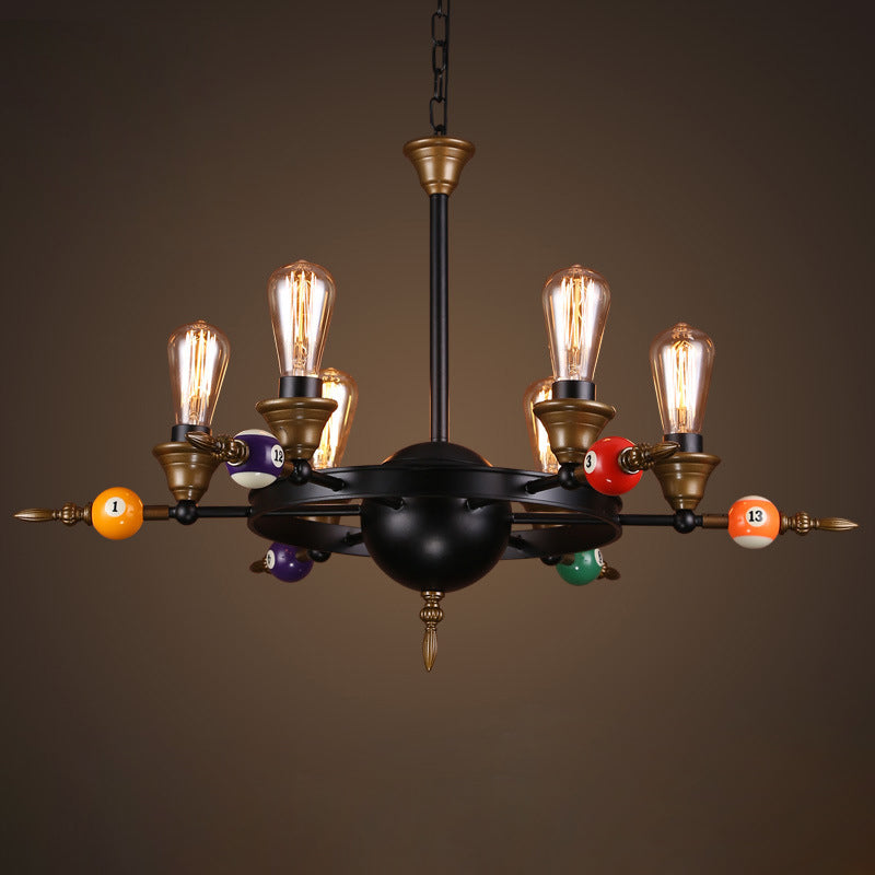 Exposed Bulb Metal Chandelier Lighting Industrial 4/6 Light Dining Room Pendant Lighting in Black with Wheel Shelf 6 Black Clearhalo 'Cast Iron' 'Ceiling Lights' 'Chandeliers' 'Industrial Chandeliers' 'Industrial' 'Metal' 'Middle Century Chandeliers' 'Rustic Chandeliers' 'Tiffany' Lighting' 207759