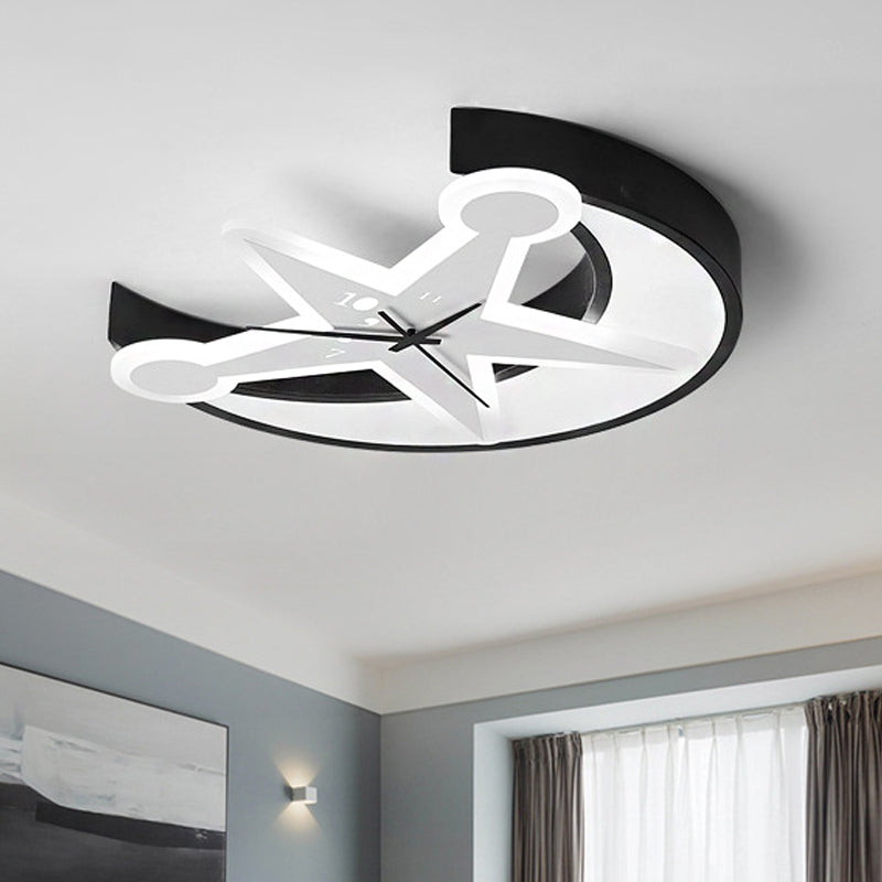 Acrylic Clock Flush Ceiling Light with Moon & Star Dining Room Modern LED Ceiling Lamp in Black Black Clearhalo 'Ceiling Lights' 'Close To Ceiling Lights' 'Close to ceiling' 'Flush mount' Lighting' 207824