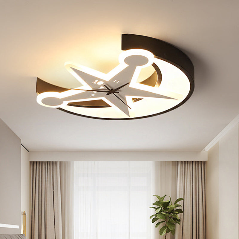 Acrylic Clock Flush Ceiling Light with Moon & Star Dining Room Modern LED Ceiling Lamp in Black Clearhalo 'Ceiling Lights' 'Close To Ceiling Lights' 'Close to ceiling' 'Flush mount' Lighting' 207825