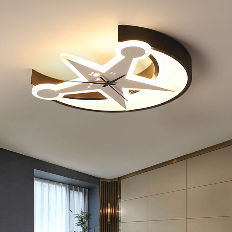 Acrylic Clock Flush Ceiling Light with Moon & Star Dining Room Modern LED Ceiling Lamp in Black Clearhalo 'Ceiling Lights' 'Close To Ceiling Lights' 'Close to ceiling' 'Flush mount' Lighting' 207826