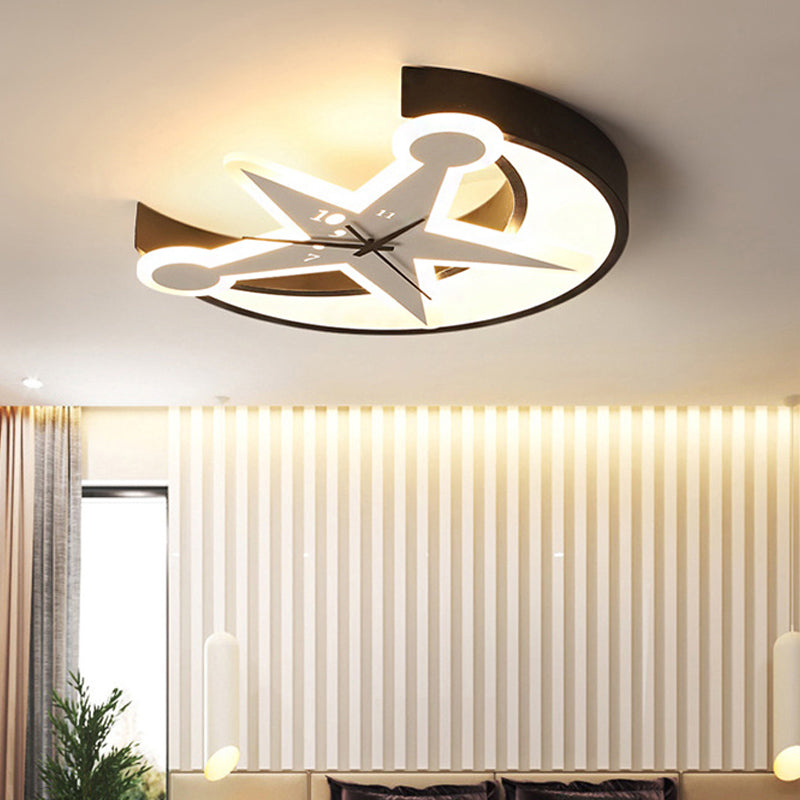 Acrylic Clock Flush Ceiling Light with Moon & Star Dining Room Modern LED Ceiling Lamp in Black Clearhalo 'Ceiling Lights' 'Close To Ceiling Lights' 'Close to ceiling' 'Flush mount' Lighting' 207827