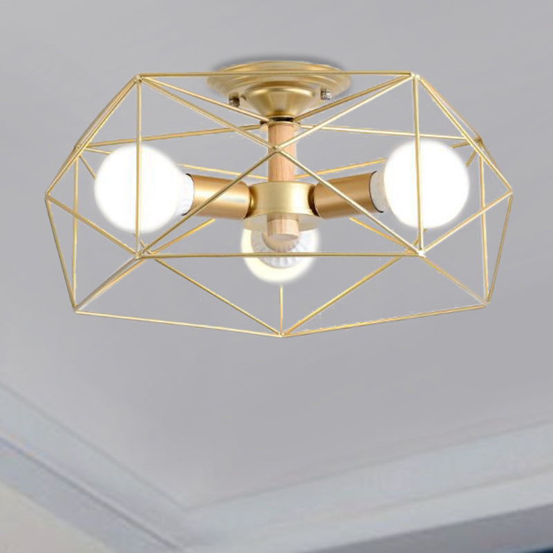 Geometric Opal Glass Semi Flush Industrial 3/4/5 Lights Bedroom Light Fixture in Gold Clearhalo 'Ceiling Lights' 'Close To Ceiling Lights' 'Close to ceiling' 'Semi-flushmount' Lighting' 207841