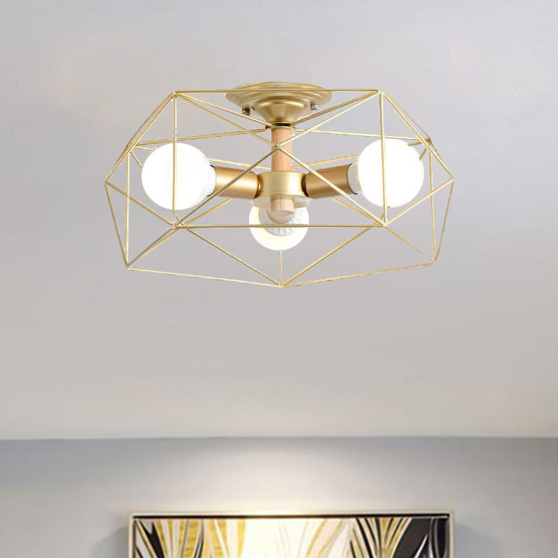 Geometric Opal Glass Semi Flush Industrial 3/4/5 Lights Bedroom Light Fixture in Gold 3 Gold Clearhalo 'Ceiling Lights' 'Close To Ceiling Lights' 'Close to ceiling' 'Semi-flushmount' Lighting' 207842