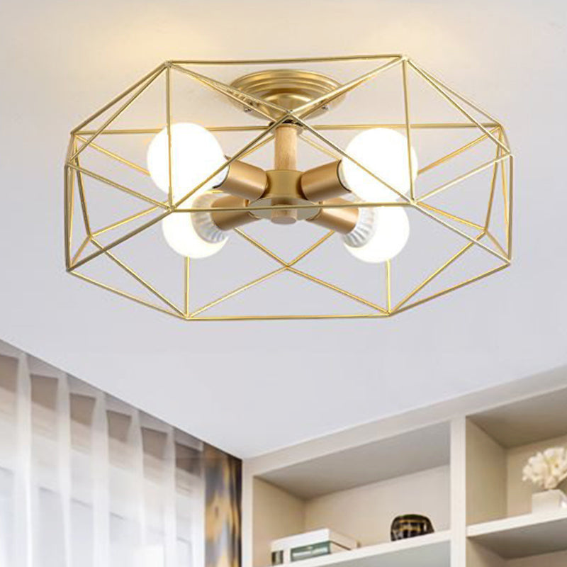 Geometric Opal Glass Semi Flush Industrial 3/4/5 Lights Bedroom Light Fixture in Gold 4 Gold Clearhalo 'Ceiling Lights' 'Close To Ceiling Lights' 'Close to ceiling' 'Semi-flushmount' Lighting' 207845