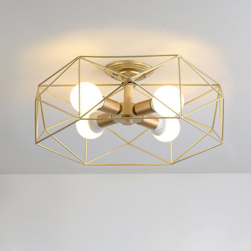 Geometric Opal Glass Semi Flush Industrial 3/4/5 Lights Bedroom Light Fixture in Gold Clearhalo 'Ceiling Lights' 'Close To Ceiling Lights' 'Close to ceiling' 'Semi-flushmount' Lighting' 207846