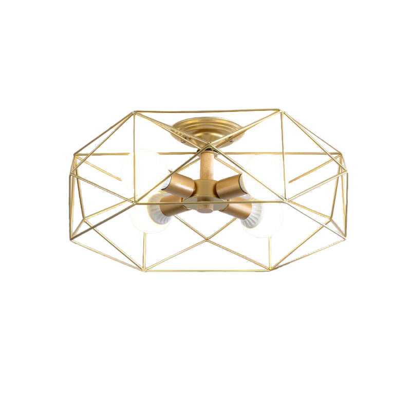 Geometric Opal Glass Semi Flush Industrial 3/4/5 Lights Bedroom Light Fixture in Gold Clearhalo 'Ceiling Lights' 'Close To Ceiling Lights' 'Close to ceiling' 'Semi-flushmount' Lighting' 207847