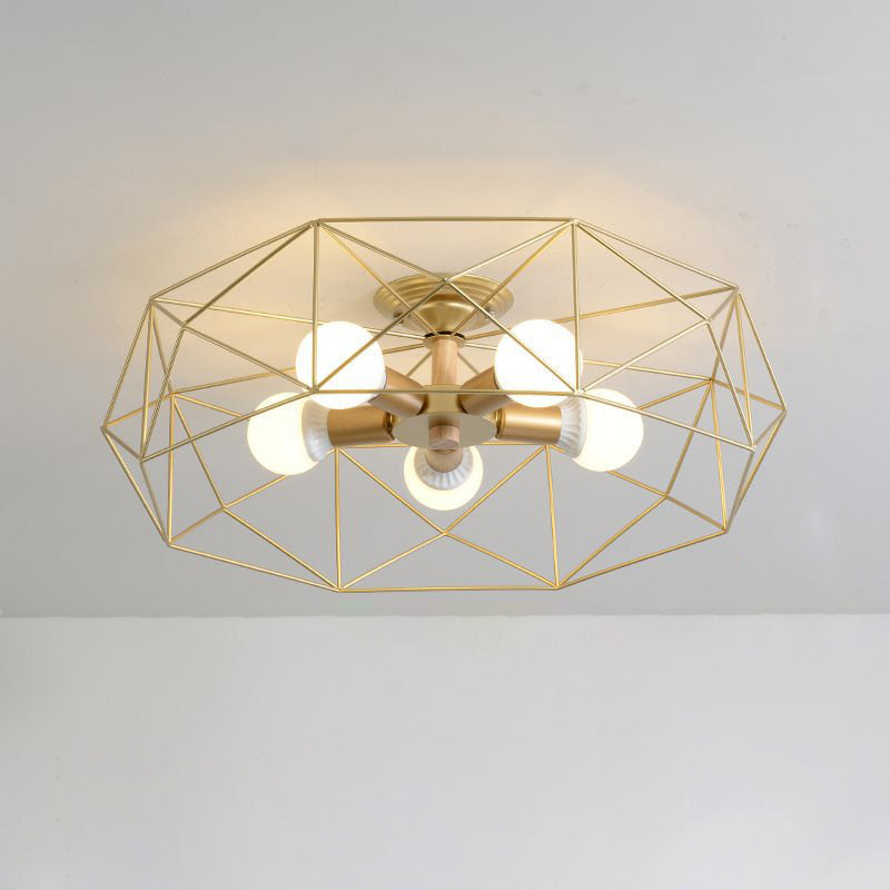 Geometric Opal Glass Semi Flush Industrial 3/4/5 Lights Bedroom Light Fixture in Gold 5 Gold Clearhalo 'Ceiling Lights' 'Close To Ceiling Lights' 'Close to ceiling' 'Semi-flushmount' Lighting' 207849