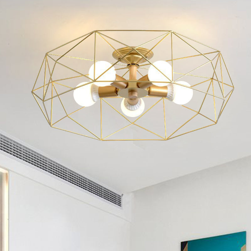 Geometric Opal Glass Semi Flush Industrial 3/4/5 Lights Bedroom Light Fixture in Gold Clearhalo 'Ceiling Lights' 'Close To Ceiling Lights' 'Close to ceiling' 'Semi-flushmount' Lighting' 207850