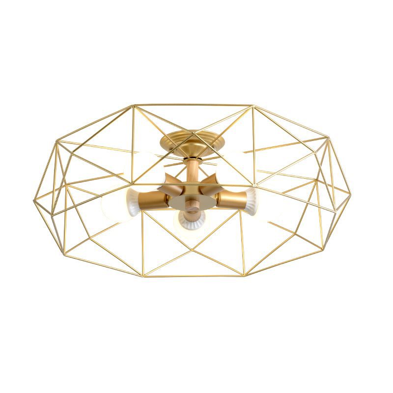 Geometric Opal Glass Semi Flush Industrial 3/4/5 Lights Bedroom Light Fixture in Gold Clearhalo 'Ceiling Lights' 'Close To Ceiling Lights' 'Close to ceiling' 'Semi-flushmount' Lighting' 207851