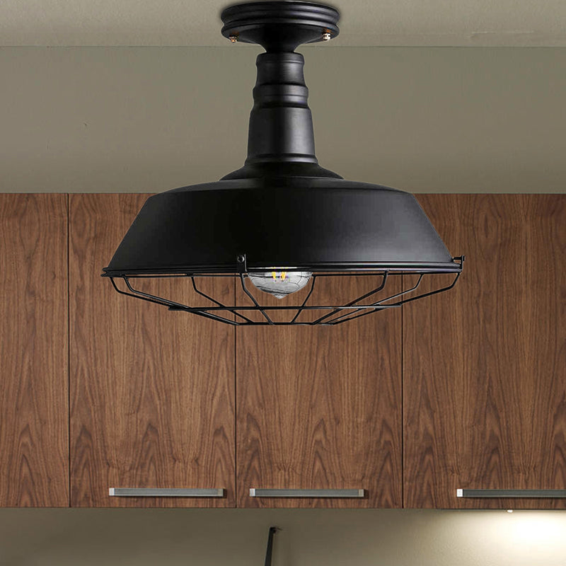 One Light Barn Semi Flush Light Industrial Black Metal Lighting Fixture with Cage, 10"/14" Wide Black 10" Clearhalo 'Ceiling Lights' 'Close To Ceiling Lights' 'Close to ceiling' 'Semi-flushmount' Lighting' 207866