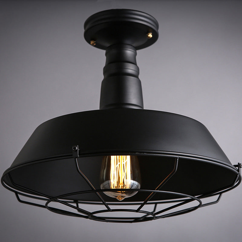 One Light Barn Semi Flush Light Industrial Black Metal Lighting Fixture with Cage, 10"/14" Wide Black 14" Clearhalo 'Ceiling Lights' 'Close To Ceiling Lights' 'Close to ceiling' 'Semi-flushmount' Lighting' 207868