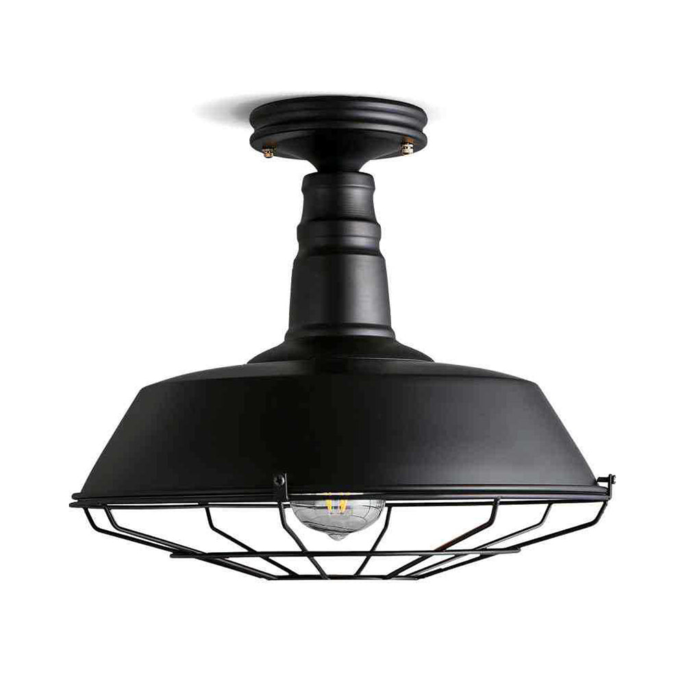 One Light Barn Semi Flush Light Industrial Black Metal Lighting Fixture with Cage, 10"/14" Wide Clearhalo 'Ceiling Lights' 'Close To Ceiling Lights' 'Close to ceiling' 'Semi-flushmount' Lighting' 207869