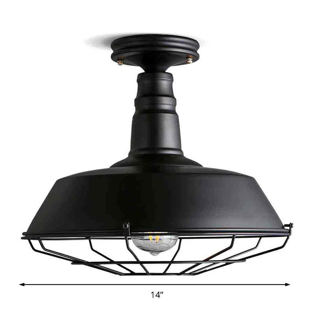 One Light Barn Semi Flush Light Industrial Black Metal Lighting Fixture with Cage, 10"/14" Wide Clearhalo 'Ceiling Lights' 'Close To Ceiling Lights' 'Close to ceiling' 'Semi-flushmount' Lighting' 207871