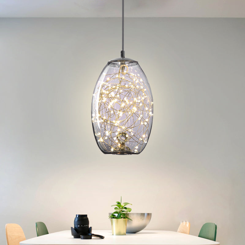 Modern LED Pendant Light with Amber/Smoke Grey Glass Globe/Cylinder/Oval Hanging Light Kit for Living Room Smoke Gray Oval Clearhalo 'Ceiling Lights' 'Glass shade' 'Glass' 'Modern Pendants' 'Modern' 'Pendant Lights' 'Pendants' Lighting' 207906