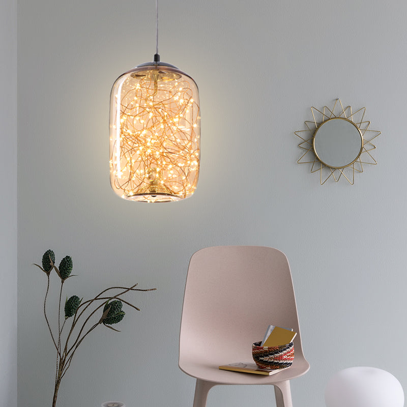 Modern LED Pendant Light with Amber/Smoke Grey Glass Globe/Cylinder/Oval Hanging Light Kit for Living Room Amber Cylinder Clearhalo 'Ceiling Lights' 'Glass shade' 'Glass' 'Modern Pendants' 'Modern' 'Pendant Lights' 'Pendants' Lighting' 207910