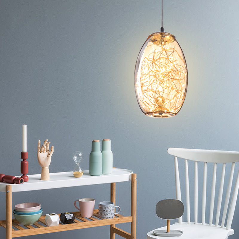 Modern LED Pendant Light with Amber/Smoke Grey Glass Globe/Cylinder/Oval Hanging Light Kit for Living Room Clearhalo 'Ceiling Lights' 'Glass shade' 'Glass' 'Modern Pendants' 'Modern' 'Pendant Lights' 'Pendants' Lighting' 207914