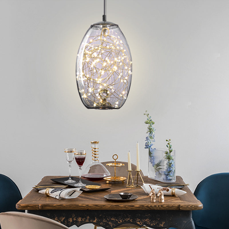 Modern LED Pendant Light with Amber/Smoke Grey Glass Globe/Cylinder/Oval Hanging Light Kit for Living Room Clearhalo 'Ceiling Lights' 'Glass shade' 'Glass' 'Modern Pendants' 'Modern' 'Pendant Lights' 'Pendants' Lighting' 207923