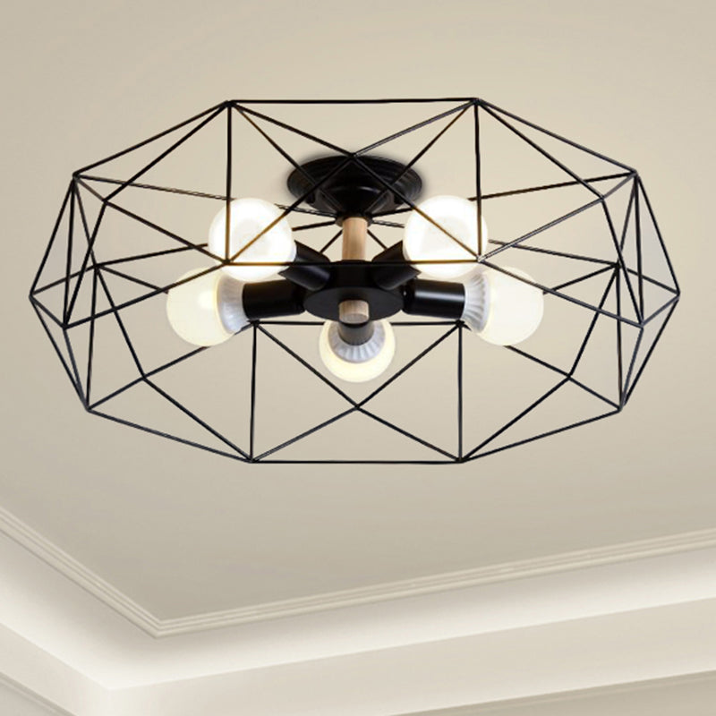 Caged Opal Glass Semi Mount Lighting Industrial 3/4/5 Bulb Living Room Ceiling Light in Black/White Clearhalo 'Ceiling Lights' 'Close To Ceiling Lights' 'Close to ceiling' 'Semi-flushmount' Lighting' 207930