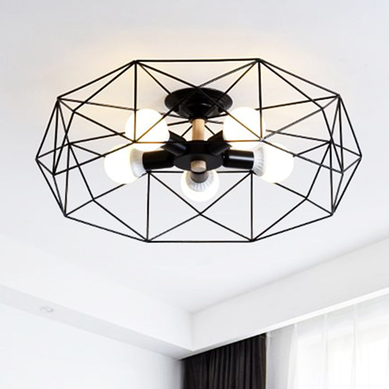 Caged Opal Glass Semi Mount Lighting Industrial 3/4/5 Bulb Living Room Ceiling Light in Black/White 5 Black Clearhalo 'Ceiling Lights' 'Close To Ceiling Lights' 'Close to ceiling' 'Semi-flushmount' Lighting' 207931