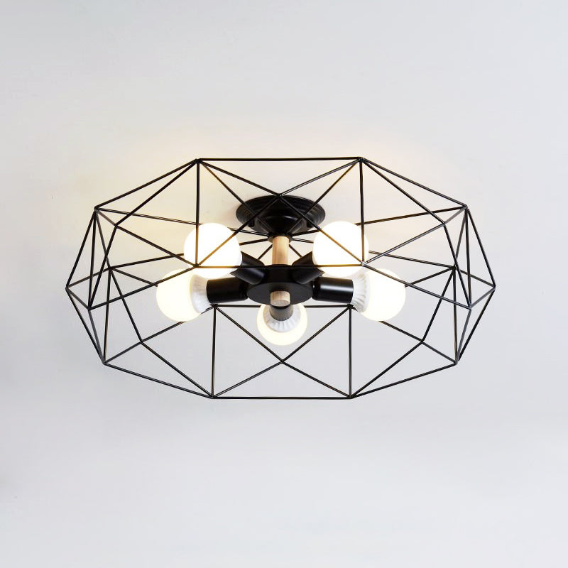 Caged Opal Glass Semi Mount Lighting Industrial 3/4/5 Bulb Living Room Ceiling Light in Black/White Clearhalo 'Ceiling Lights' 'Close To Ceiling Lights' 'Close to ceiling' 'Semi-flushmount' Lighting' 207933