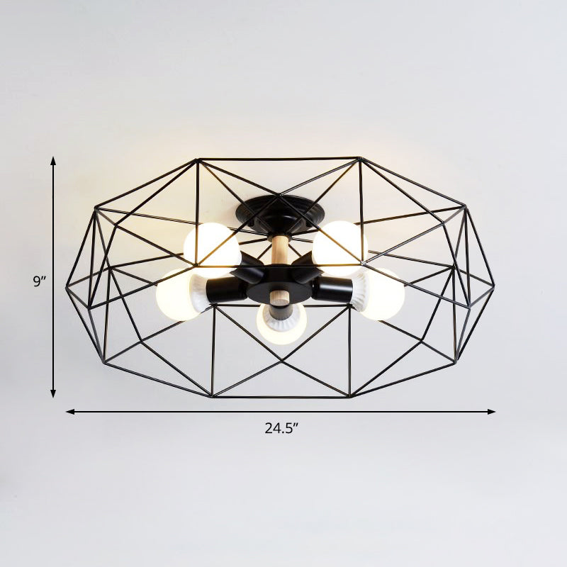 Caged Opal Glass Semi Mount Lighting Industrial 3/4/5 Bulb Living Room Ceiling Light in Black/White Clearhalo 'Ceiling Lights' 'Close To Ceiling Lights' 'Close to ceiling' 'Semi-flushmount' Lighting' 207934