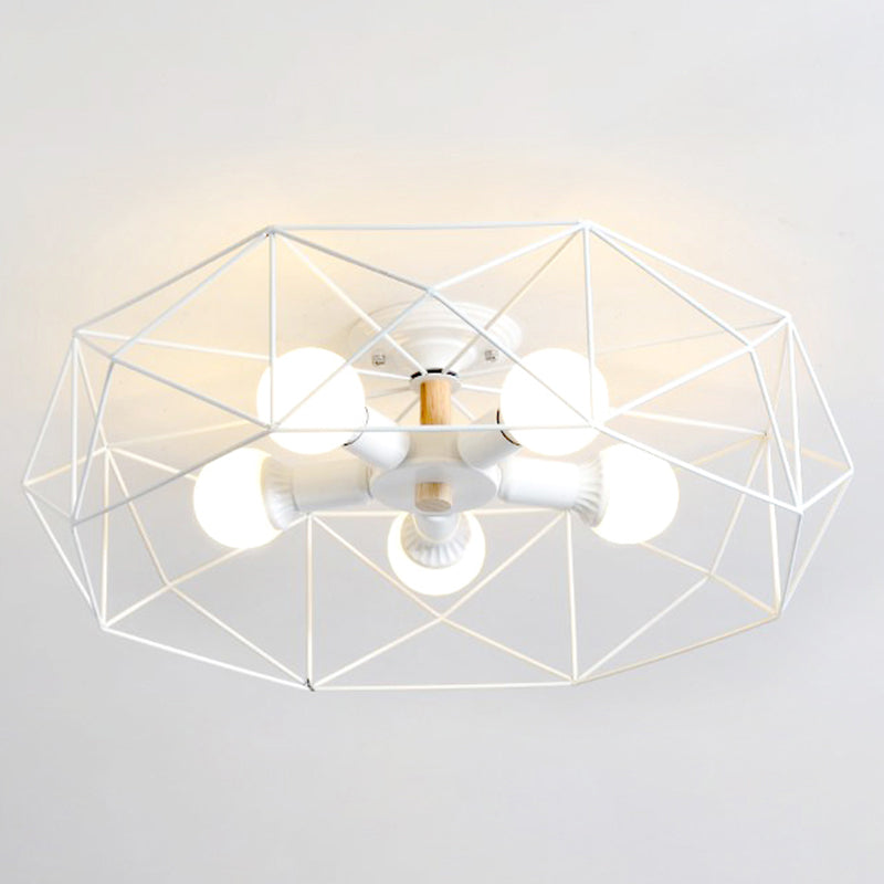 Caged Opal Glass Semi Mount Lighting Industrial 3/4/5 Bulb Living Room Ceiling Light in Black/White 5 White Clearhalo 'Ceiling Lights' 'Close To Ceiling Lights' 'Close to ceiling' 'Semi-flushmount' Lighting' 207935