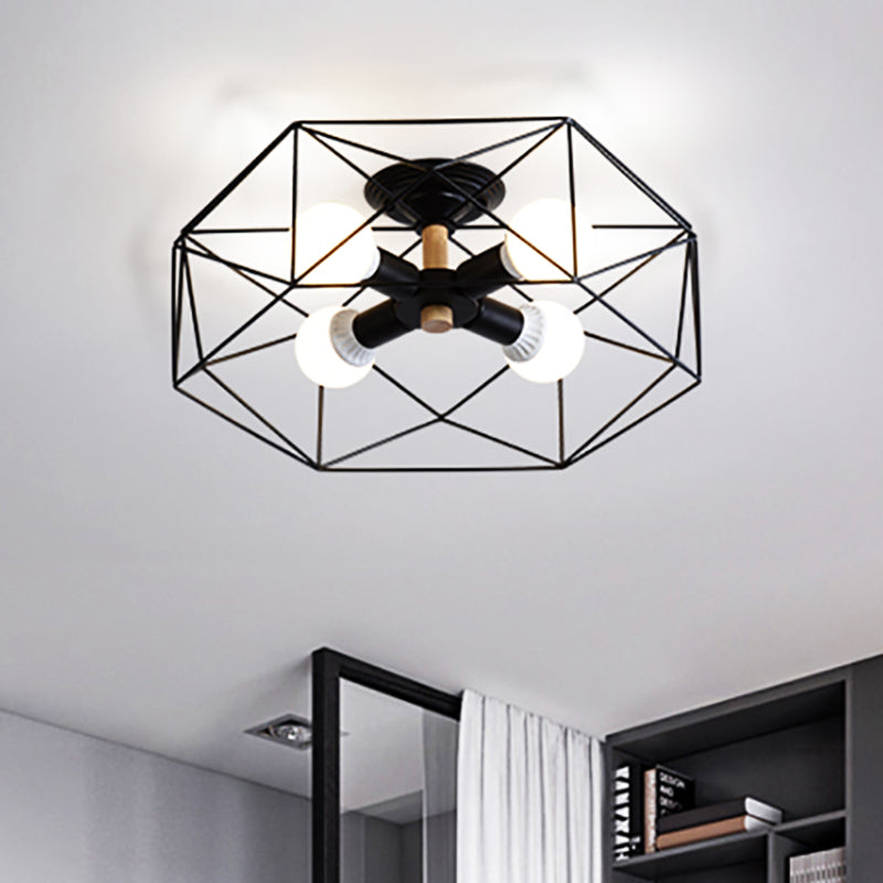 Caged Opal Glass Semi Mount Lighting Industrial 3/4/5 Bulb Living Room Ceiling Light in Black/White 4 Black Clearhalo 'Ceiling Lights' 'Close To Ceiling Lights' 'Close to ceiling' 'Semi-flushmount' Lighting' 207937