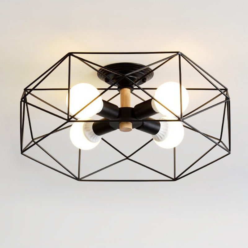 Caged Opal Glass Semi Mount Lighting Industrial 3/4/5 Bulb Living Room Ceiling Light in Black/White Clearhalo 'Ceiling Lights' 'Close To Ceiling Lights' 'Close to ceiling' 'Semi-flushmount' Lighting' 207938