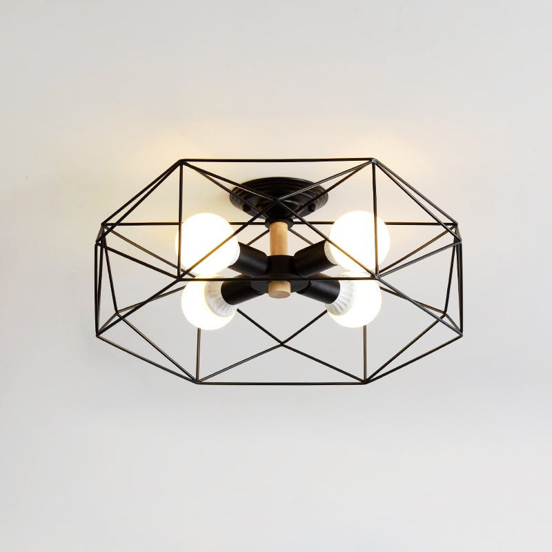 Caged Opal Glass Semi Mount Lighting Industrial 3/4/5 Bulb Living Room Ceiling Light in Black/White Clearhalo 'Ceiling Lights' 'Close To Ceiling Lights' 'Close to ceiling' 'Semi-flushmount' Lighting' 207939