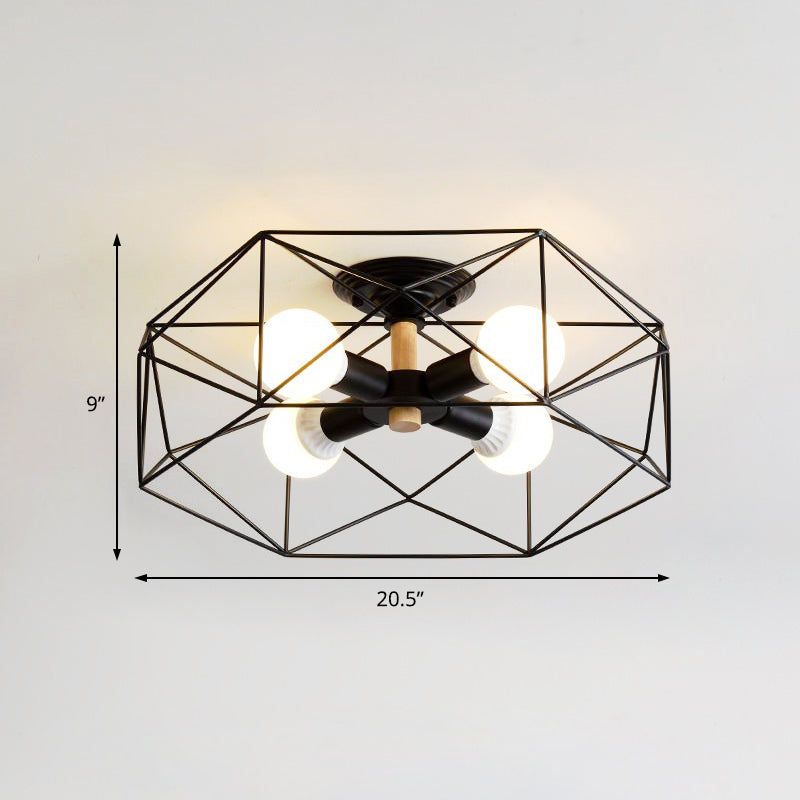 Caged Opal Glass Semi Mount Lighting Industrial 3/4/5 Bulb Living Room Ceiling Light in Black/White Clearhalo 'Ceiling Lights' 'Close To Ceiling Lights' 'Close to ceiling' 'Semi-flushmount' Lighting' 207940