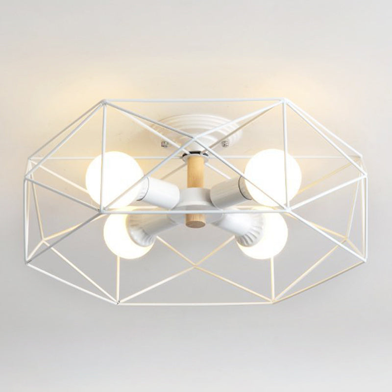 Caged Opal Glass Semi Mount Lighting Industrial 3/4/5 Bulb Living Room Ceiling Light in Black/White 4 White Clearhalo 'Ceiling Lights' 'Close To Ceiling Lights' 'Close to ceiling' 'Semi-flushmount' Lighting' 207941