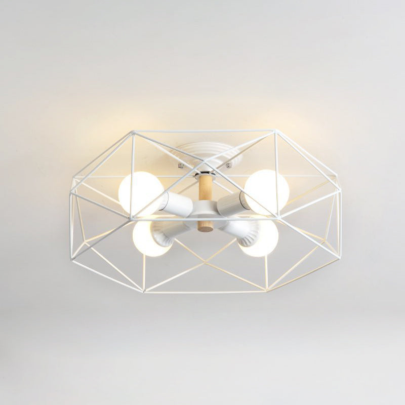 Caged Opal Glass Semi Mount Lighting Industrial 3/4/5 Bulb Living Room Ceiling Light in Black/White Clearhalo 'Ceiling Lights' 'Close To Ceiling Lights' 'Close to ceiling' 'Semi-flushmount' Lighting' 207942