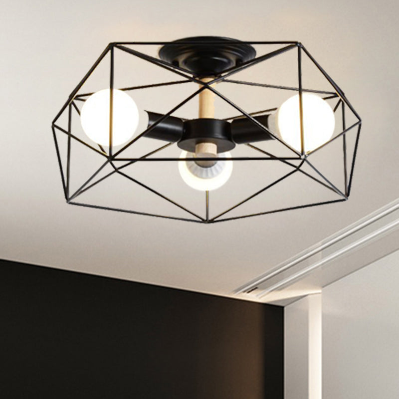 Caged Opal Glass Semi Mount Lighting Industrial 3/4/5 Bulb Living Room Ceiling Light in Black/White 3 Black Clearhalo 'Ceiling Lights' 'Close To Ceiling Lights' 'Close to ceiling' 'Semi-flushmount' Lighting' 207943