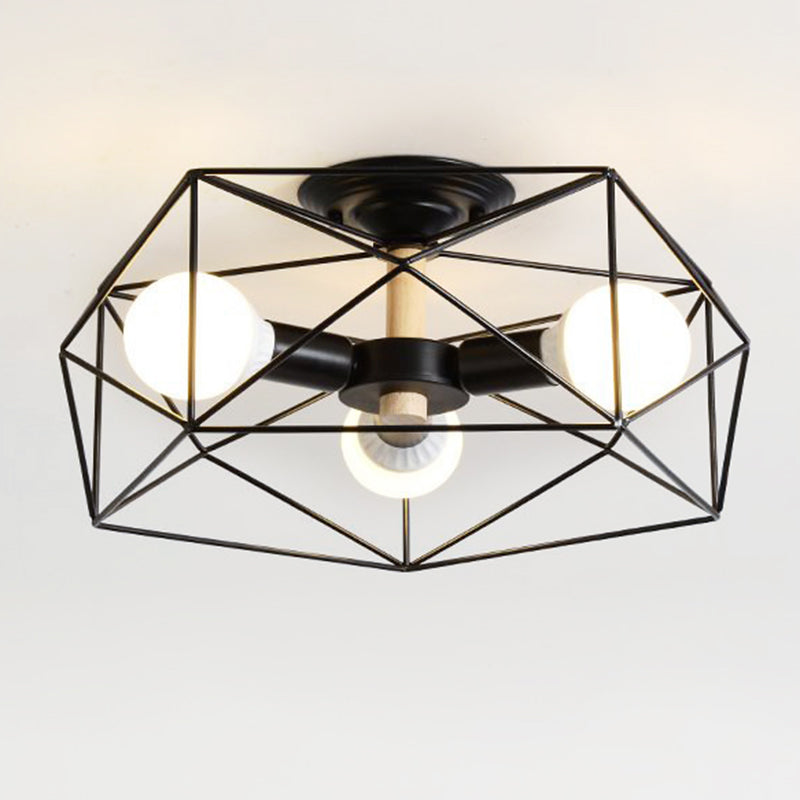 Caged Opal Glass Semi Mount Lighting Industrial 3/4/5 Bulb Living Room Ceiling Light in Black/White Clearhalo 'Ceiling Lights' 'Close To Ceiling Lights' 'Close to ceiling' 'Semi-flushmount' Lighting' 207944