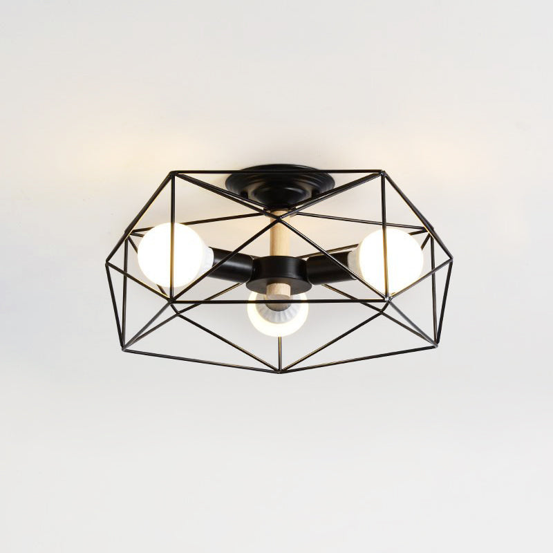 Caged Opal Glass Semi Mount Lighting Industrial 3/4/5 Bulb Living Room Ceiling Light in Black/White Clearhalo 'Ceiling Lights' 'Close To Ceiling Lights' 'Close to ceiling' 'Semi-flushmount' Lighting' 207945