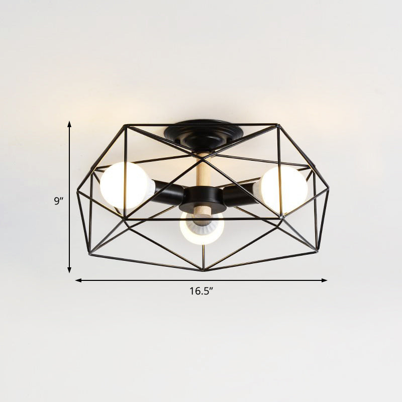 Caged Opal Glass Semi Mount Lighting Industrial 3/4/5 Bulb Living Room Ceiling Light in Black/White Clearhalo 'Ceiling Lights' 'Close To Ceiling Lights' 'Close to ceiling' 'Semi-flushmount' Lighting' 207946