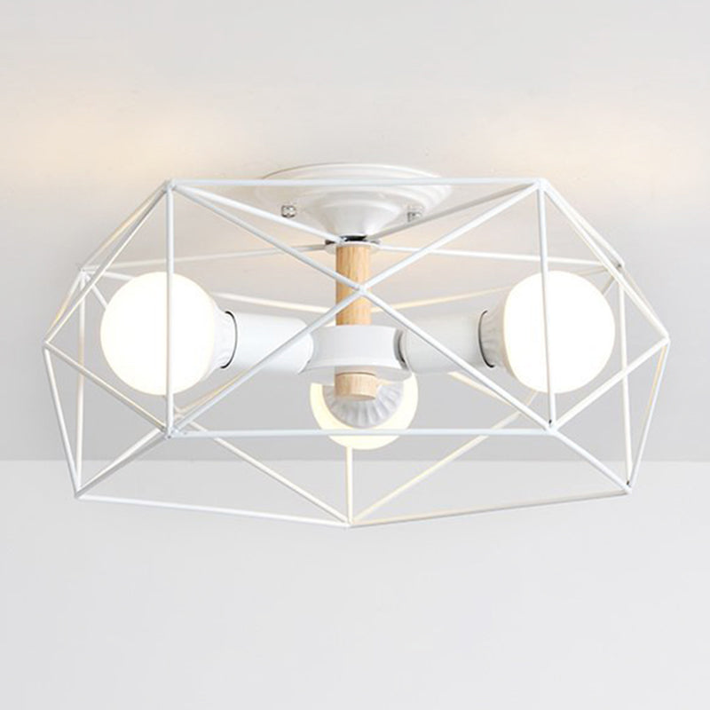 Caged Opal Glass Semi Mount Lighting Industrial 3/4/5 Bulb Living Room Ceiling Light in Black/White 3 White Clearhalo 'Ceiling Lights' 'Close To Ceiling Lights' 'Close to ceiling' 'Semi-flushmount' Lighting' 207947