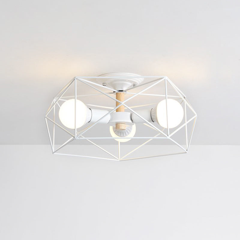 Caged Opal Glass Semi Mount Lighting Industrial 3/4/5 Bulb Living Room Ceiling Light in Black/White Clearhalo 'Ceiling Lights' 'Close To Ceiling Lights' 'Close to ceiling' 'Semi-flushmount' Lighting' 207948