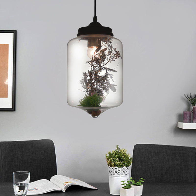 Contemporary 1 Light Hanging Lamp with Clear Glass Shade and Plant Decoration Cylinder/Oval/Globe Pendant Lamp, 6.5"/8"/10.5" Wide Clearhalo 'Ceiling Lights' 'Glass shade' 'Glass' 'Modern Pendants' 'Modern' 'Pendant Lights' 'Pendants' Lighting' 207992